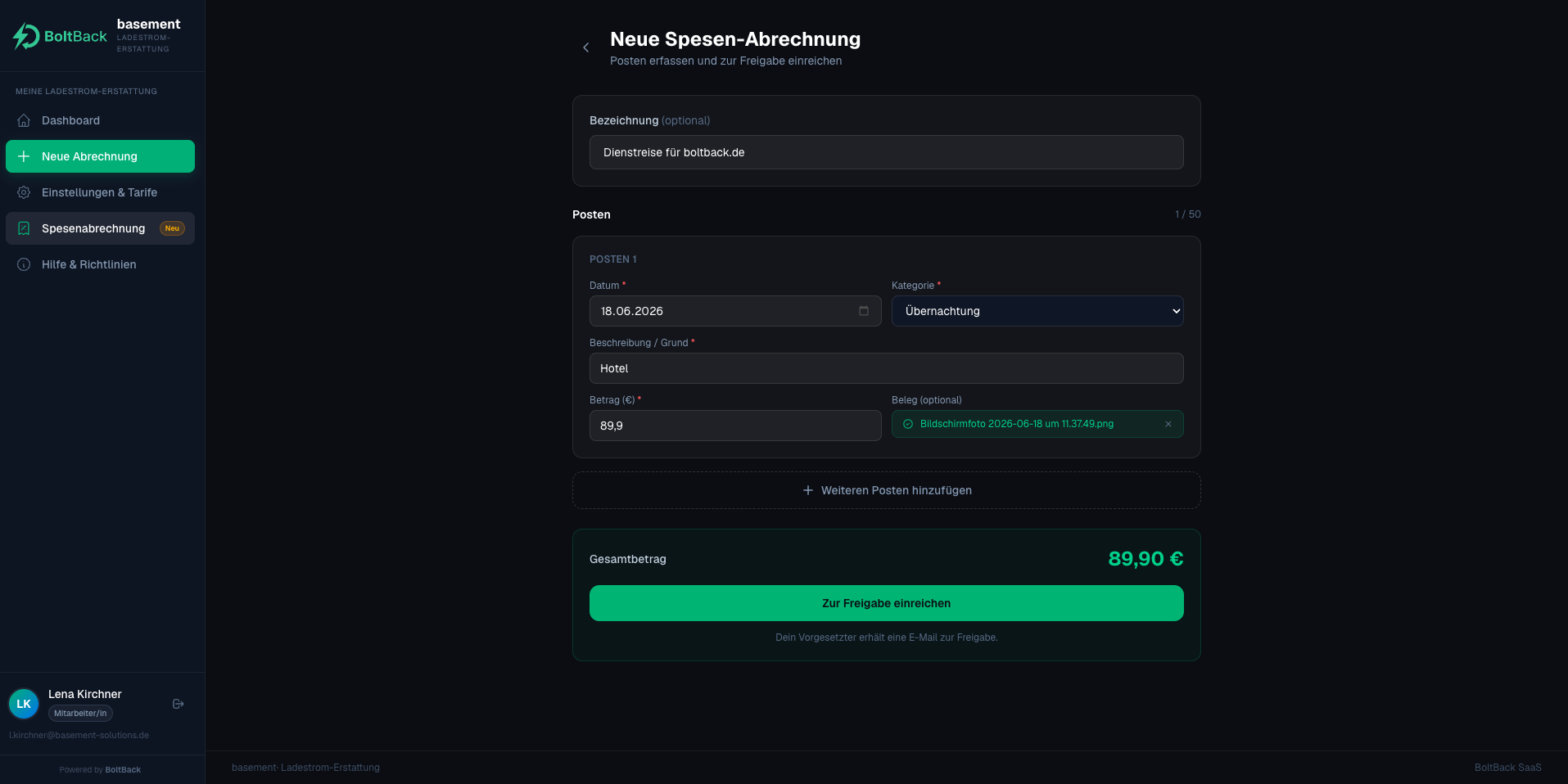 BoltBack Spesenabrechnung – Posten erfassen